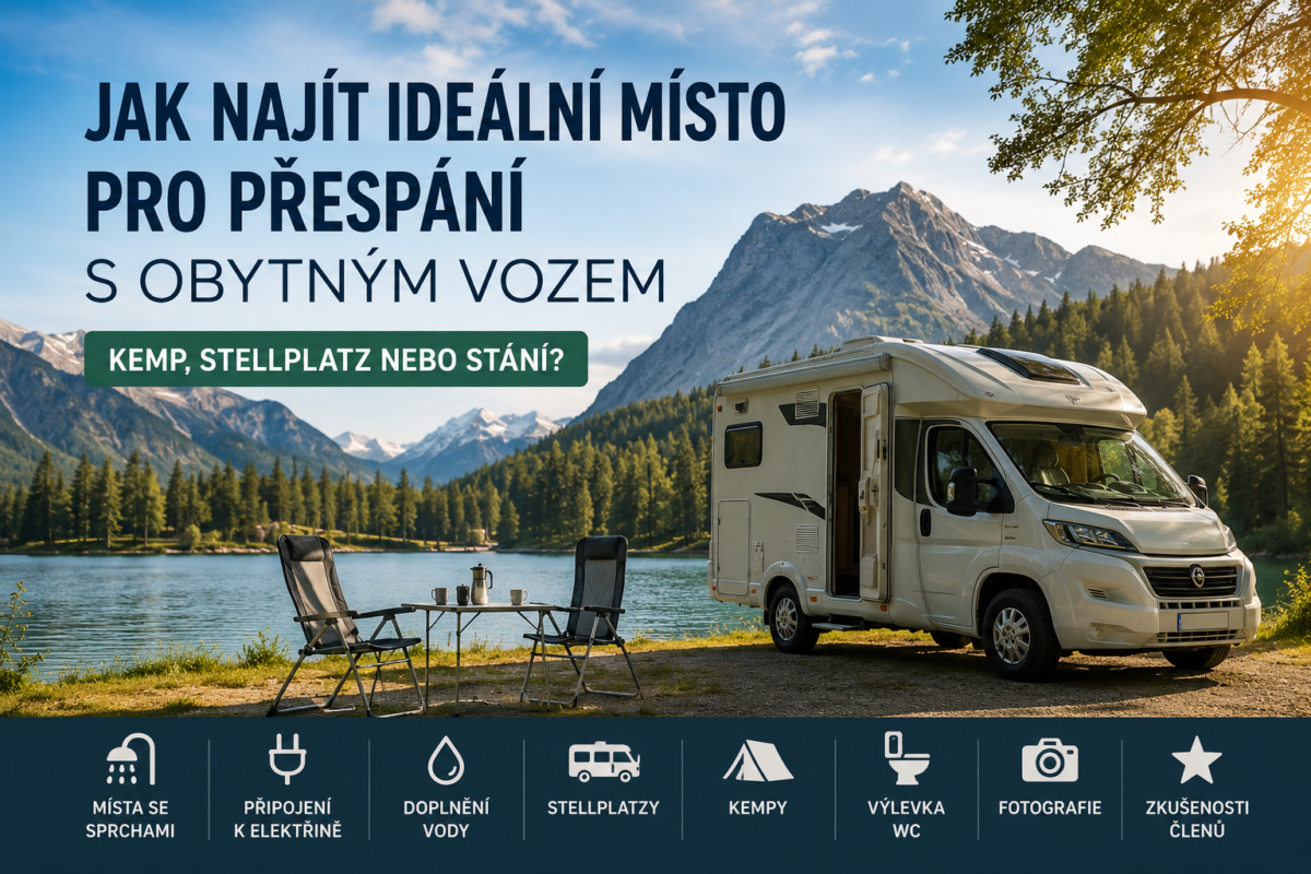 Jak najít ideální místo pro přespání s obytným vozem – kemp, stellplatz nebo stání. Průvodce CamperClub.cz pro plánování cest obytným vozem.